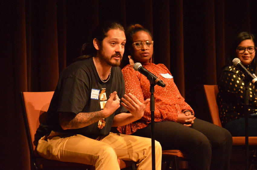 Tim Hernández speaking during the panel at Lone Tree Arts Center on Nov. 9.